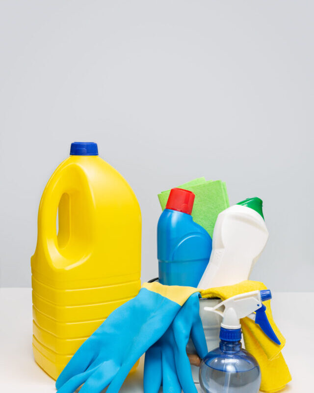 Household Cleaning Products. Sanitizing concept. Copy space
