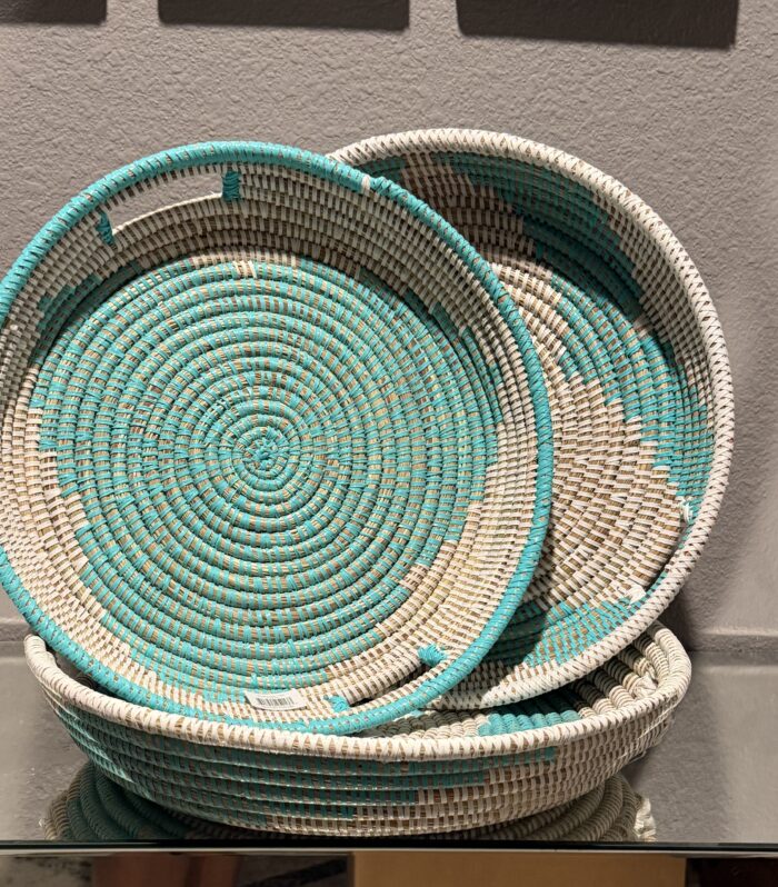 16 inch Handwoven Decorative serving Tray beige and Turquoise(1tray)