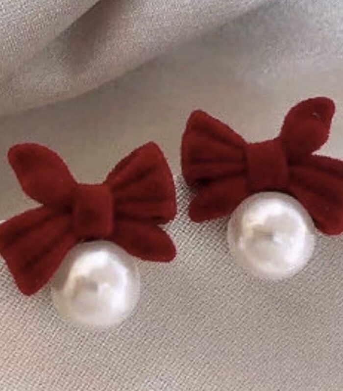 Cute Velvet Bow Pearl Flower Dangle Drop Stud Earrings For Women Lover